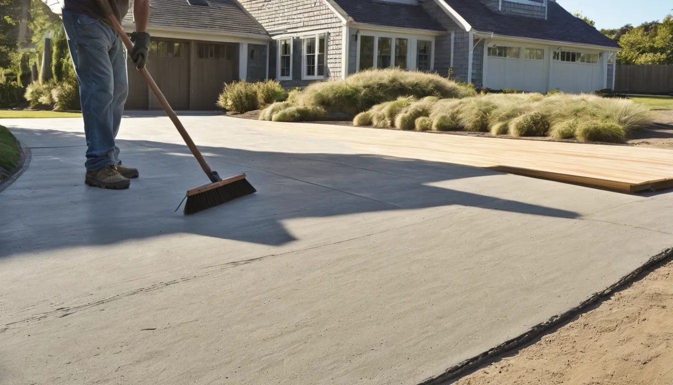 Newly poured concrete driveway beside a home in Nissequogue with a provider checking the finish