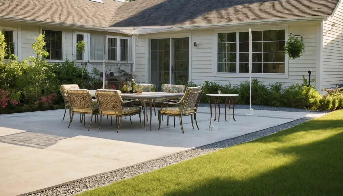 Homeowners looking over a newly poured concrete patio behind a house in Nissequogue