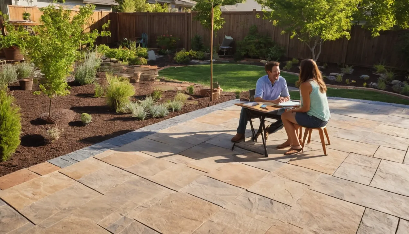 Homeowner reviewing a concrete patio plan with a local provider