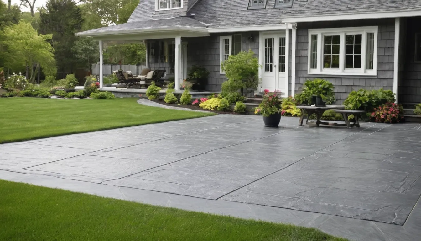 Stamped concrete patio with a slate pattern behind a home in the Nissequogue area